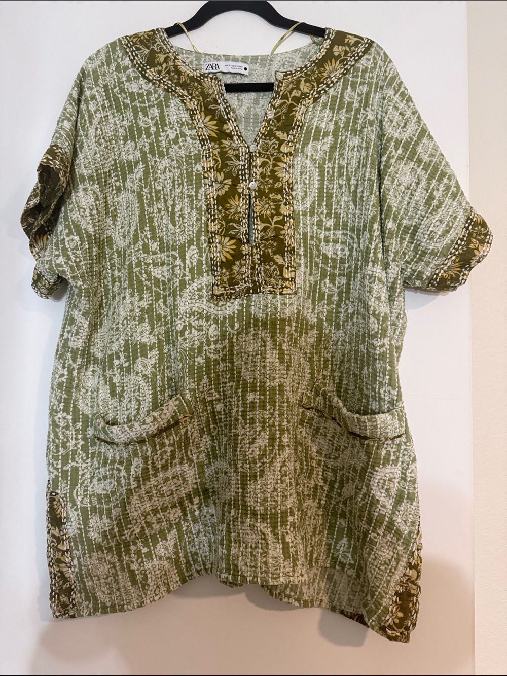 ZARA Olive & White Printed Tunic with Floral Trim